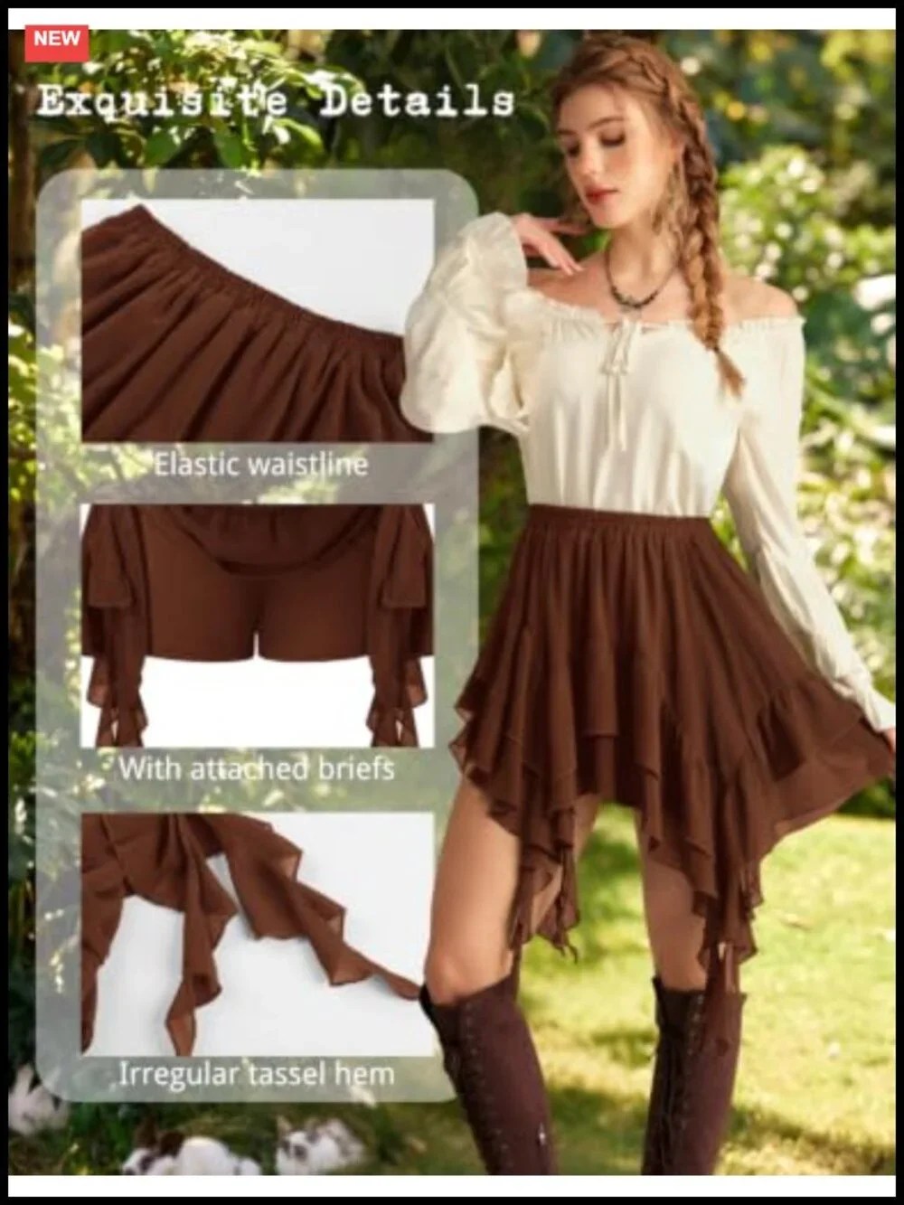 Women's Tiered Ruffle Skort with Built-in Shorts, Elastic Waist, Asymmetrical